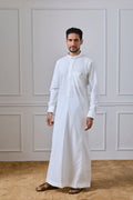 Cream Regal Thobe with Gold Crystal Buttons & Printed Detailing | AN 2314