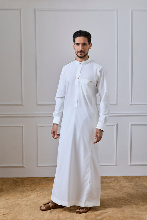 Cream Regal Thobe with Gold Crystal Buttons & Printed Detailing | AN 2314