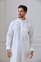 Cream Regal Thobe with Gold Crystal Buttons & Printed Detailing | AN 2314
