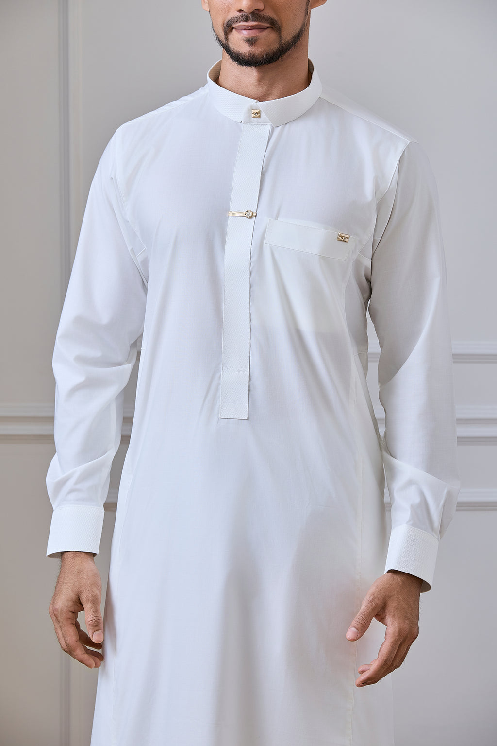 Cream Regal Thobe with Gold Crystal Buttons & Printed Detailing | AN 2314