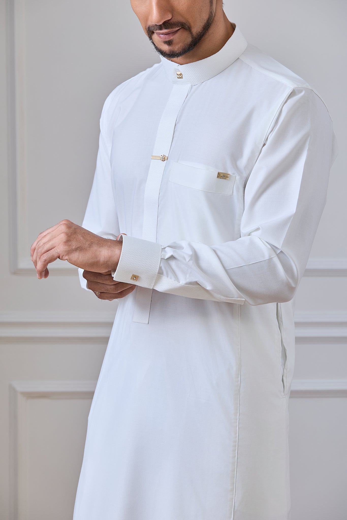 Cream Regal Thobe with Gold Crystal Buttons & Printed Detailing | AN 2314