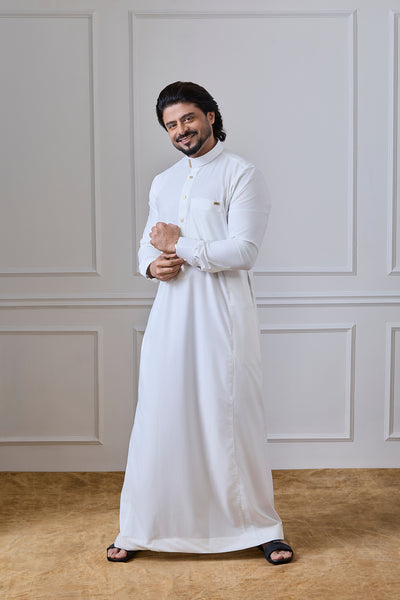 Cream Prestige Thobe with Contrast Collar & Cuff Detailing | AN 2323