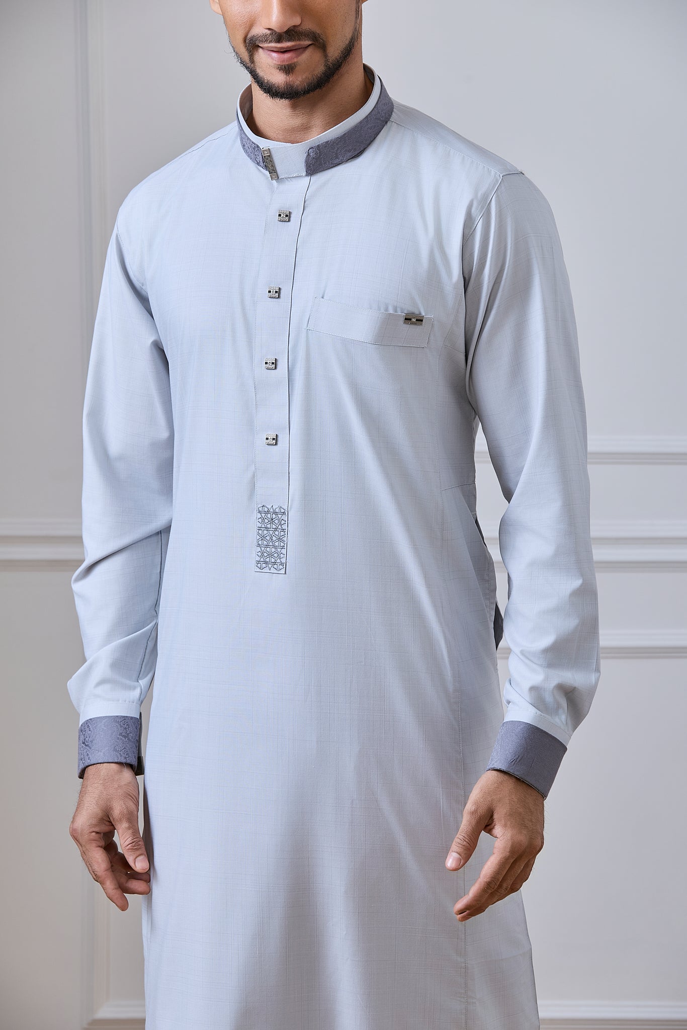 Light Blue Prestige Thobe with Contrast Collar & Cuff Detailing | AN 2458 C4