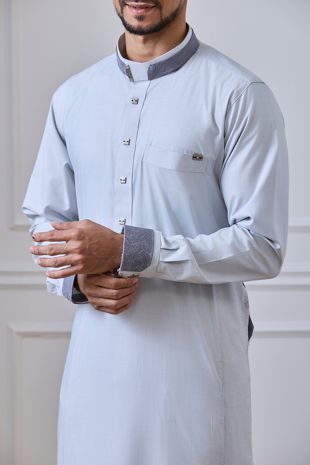 Light Blue Prestige Thobe with Contrast Collar & Cuff Detailing | AN 2458 C4