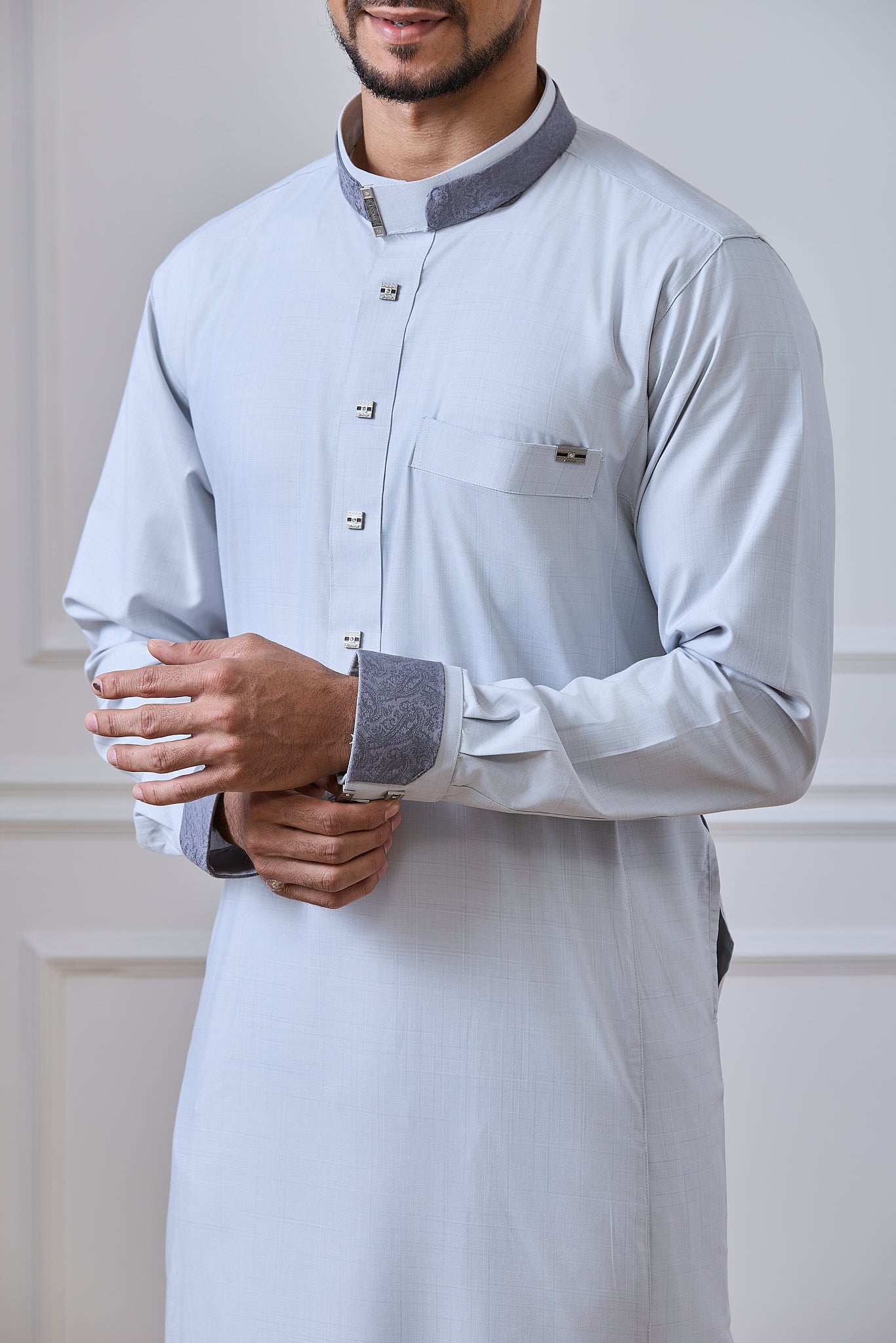 Light Blue Prestige Thobe with Contrast Collar & Cuff Detailing | AN 2458 C4