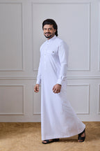 White Tuxedo Thobe with Cuffed Sleeves Grey Metal Tag | AN 1535