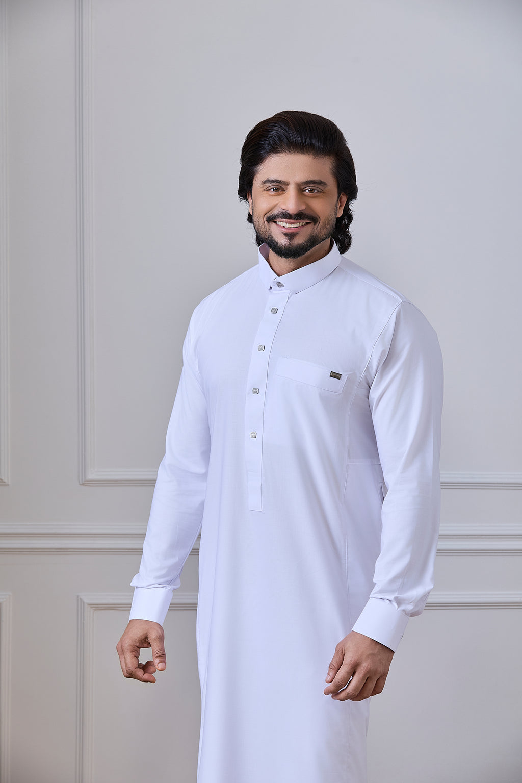 White Tuxedo Thobe with Cuffed Sleeves Grey Metal Tag | AN 1535