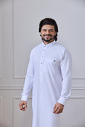 White Tuxedo Thobe with Cuffed Sleeves Grey Metal Tag | AN 1535