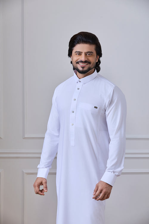 White Tuxedo Thobe with Cuffed Sleeves Grey Metal Tag | AN 1535