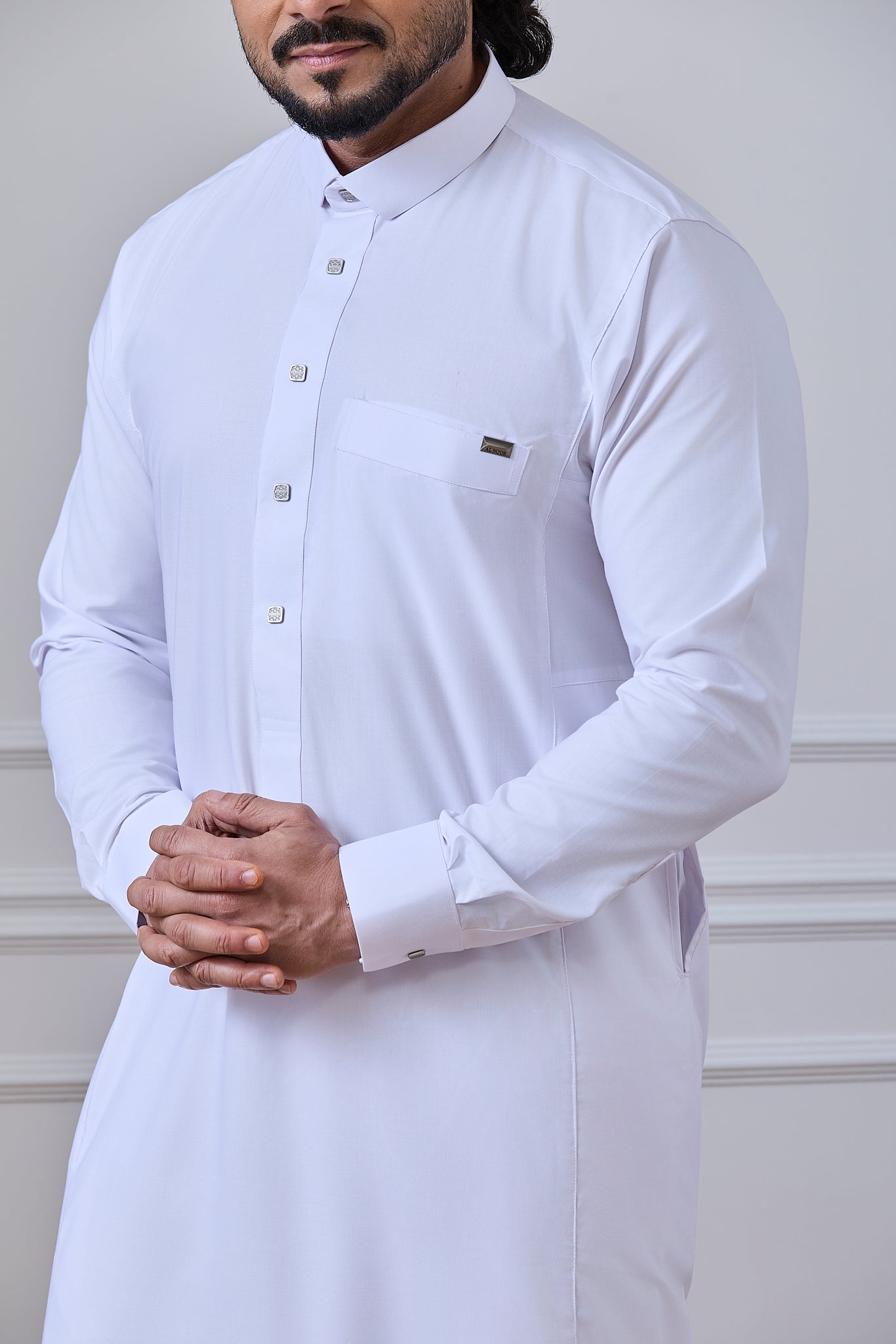 White Tuxedo Thobe with Cuffed Sleeves Grey Metal Tag | AN 1535