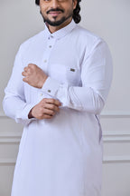 White Tuxedo Thobe with Cuffed Sleeves Grey Metal Tag | AN 1535