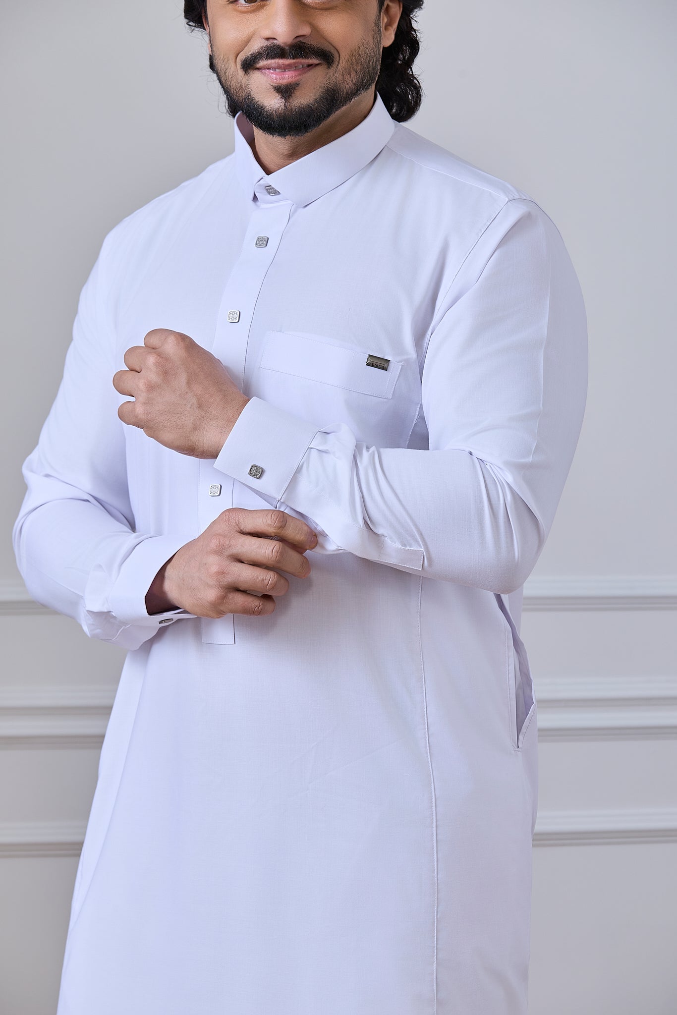 White Tuxedo Thobe with Cuffed Sleeves Grey Metal Tag | AN 1535