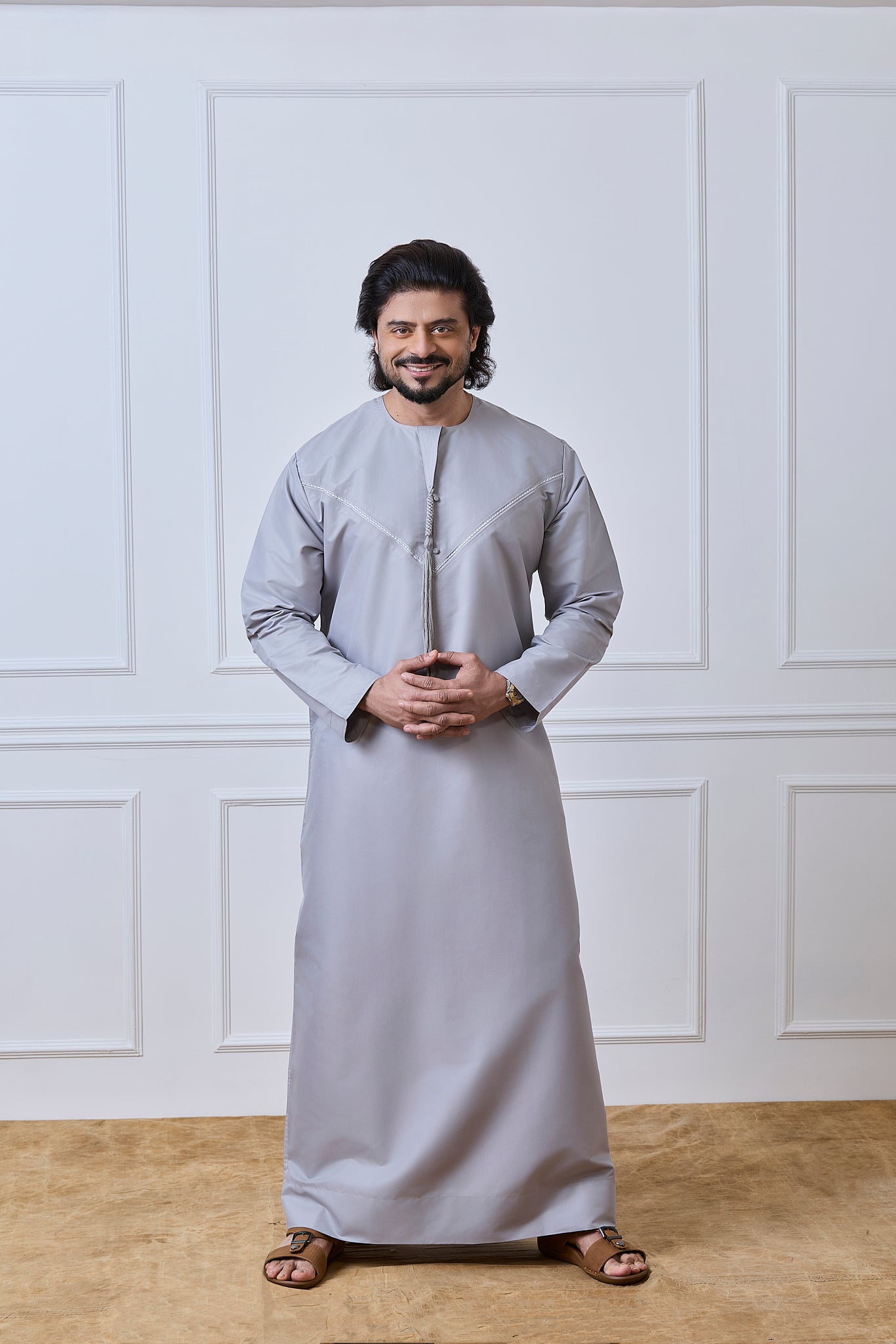 Steel Grey Pleated Emirati Thobe | AN 2300 C4