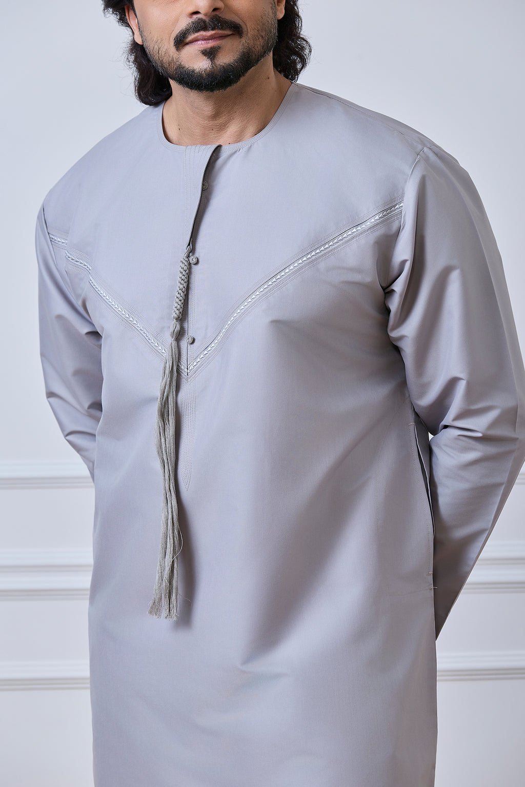 Steel Grey Pleated Emirati Thobe | AN 2300 C4