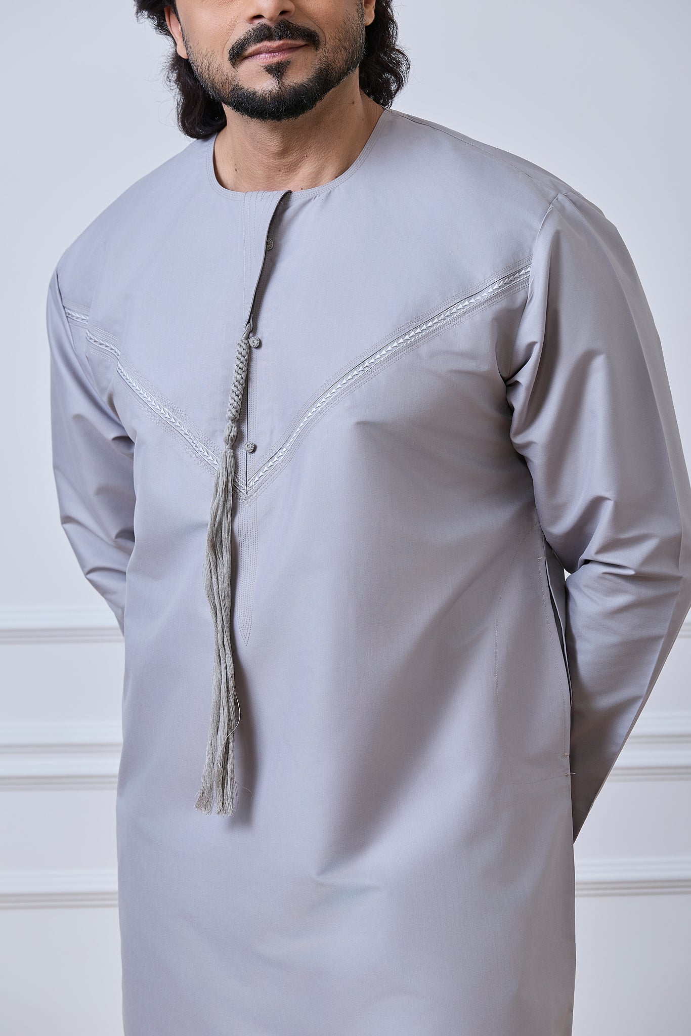 Steel Grey Pleated Emirati Thobe | AN 2300 C4