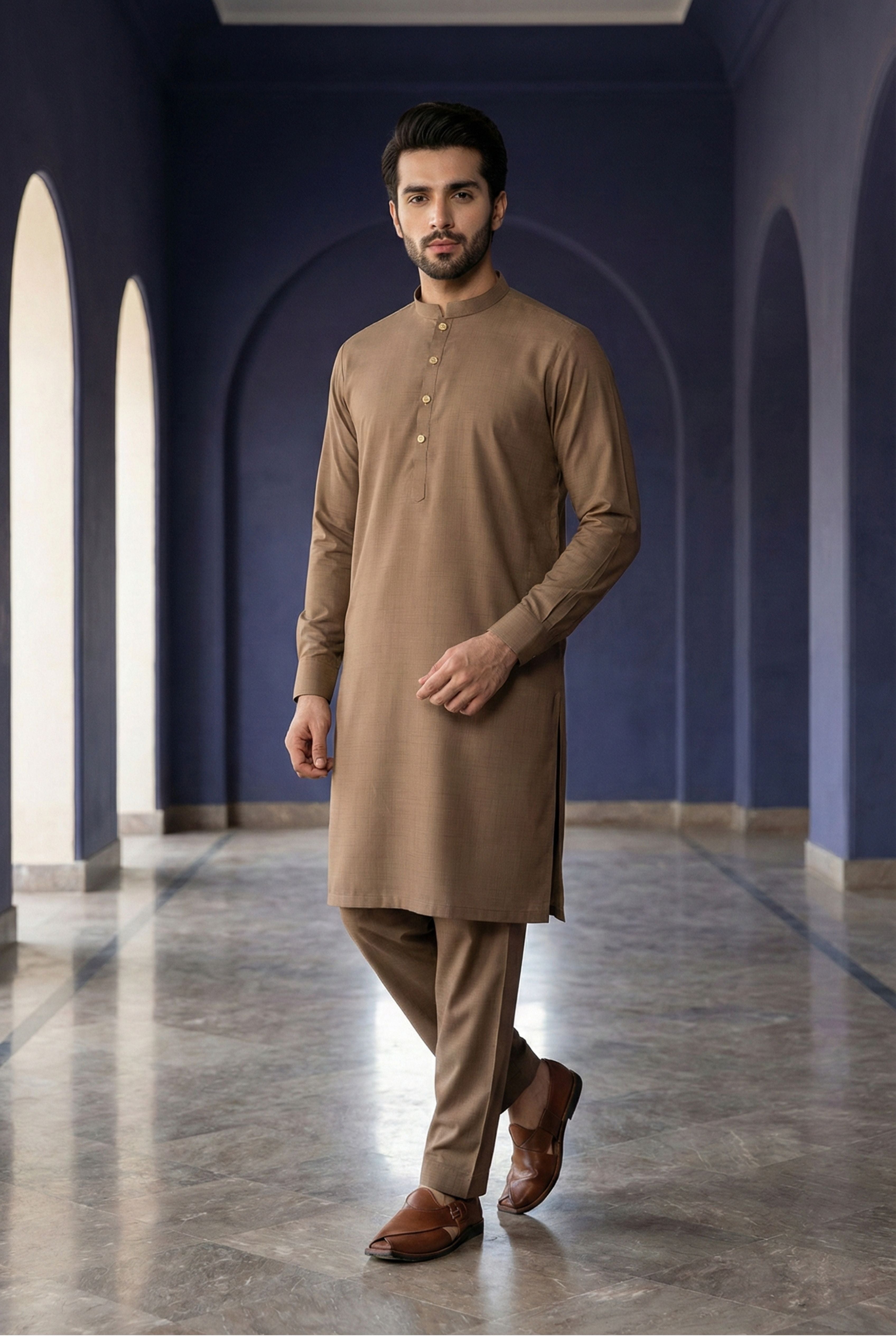 Beige Brown Textured Kurta Pyjama NN10