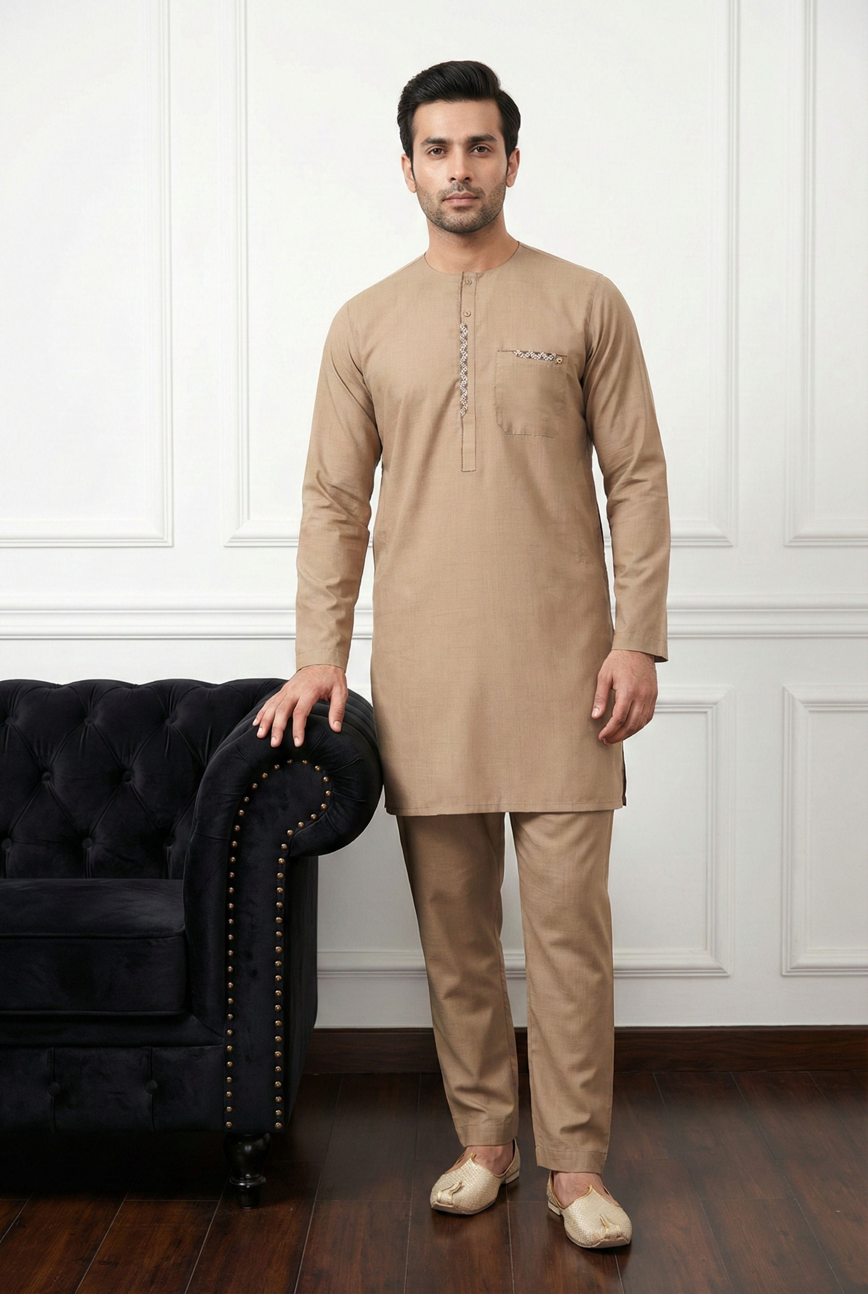 Light Brown Embroidered Short Kurta EC06