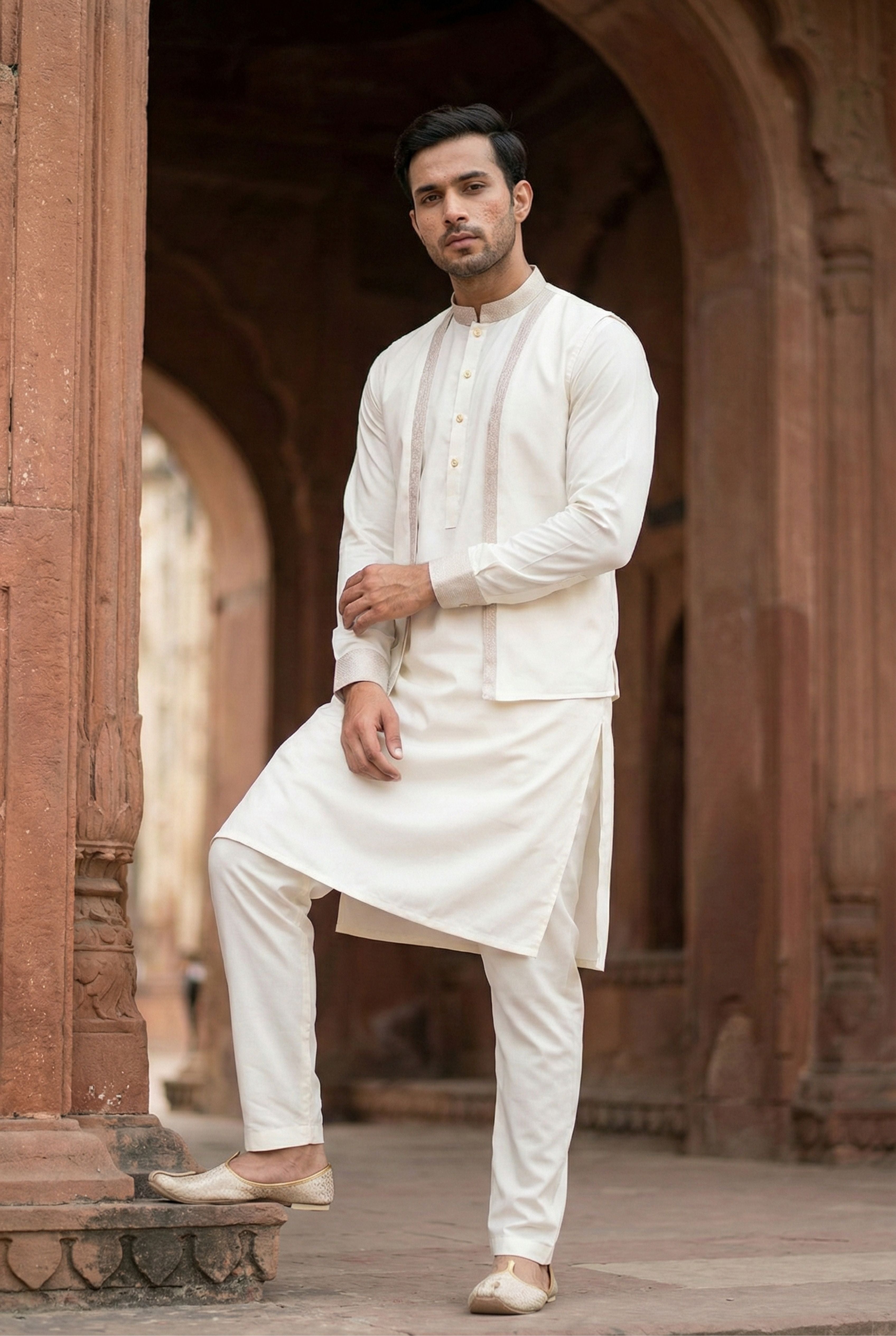 Light Cream Kurta Pyjama with Jacket LL04
