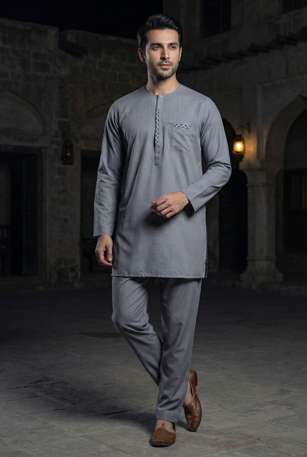 Light Grey Embroidered Short Kurta EC09