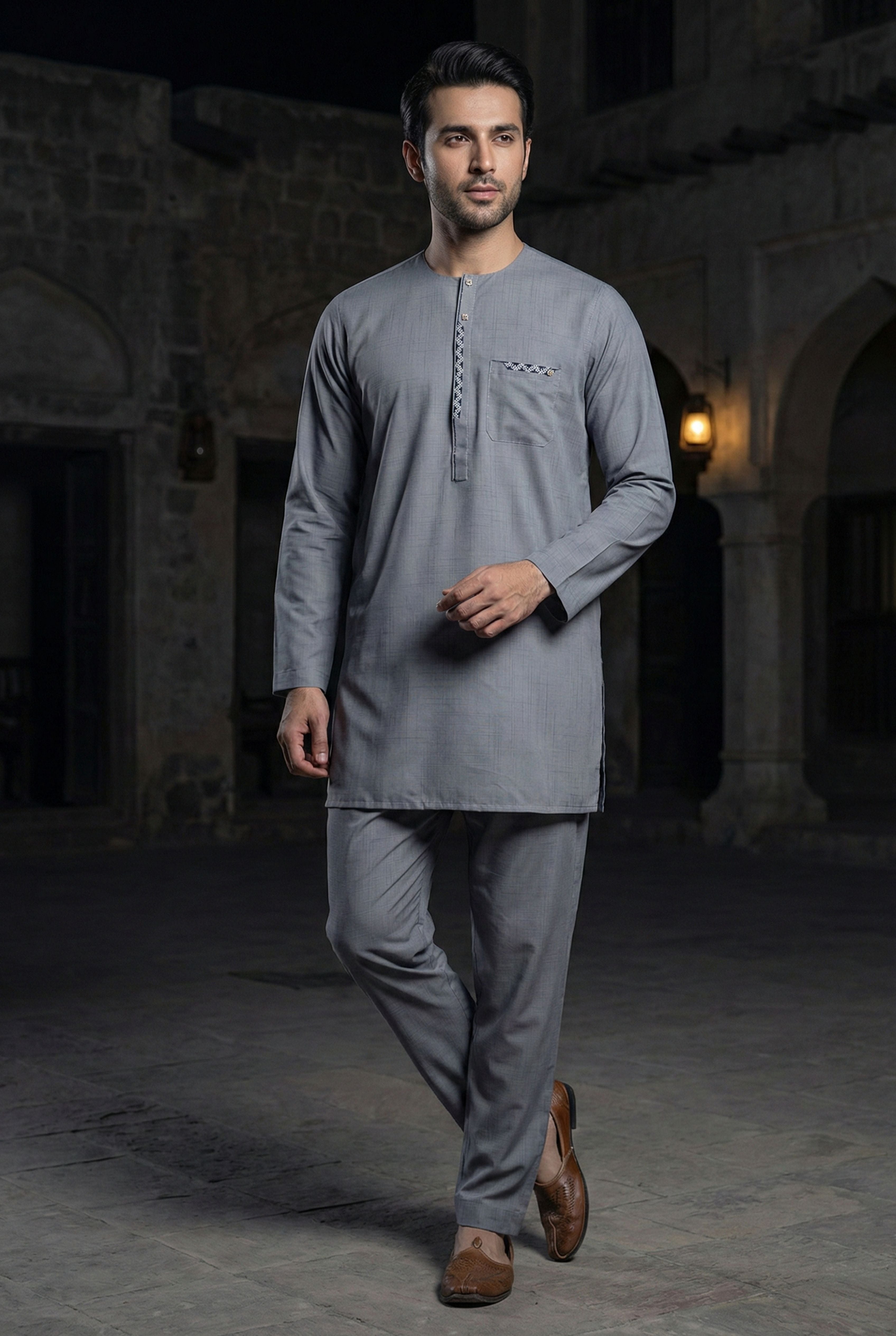 Light Grey Embroidered Short Kurta EC09