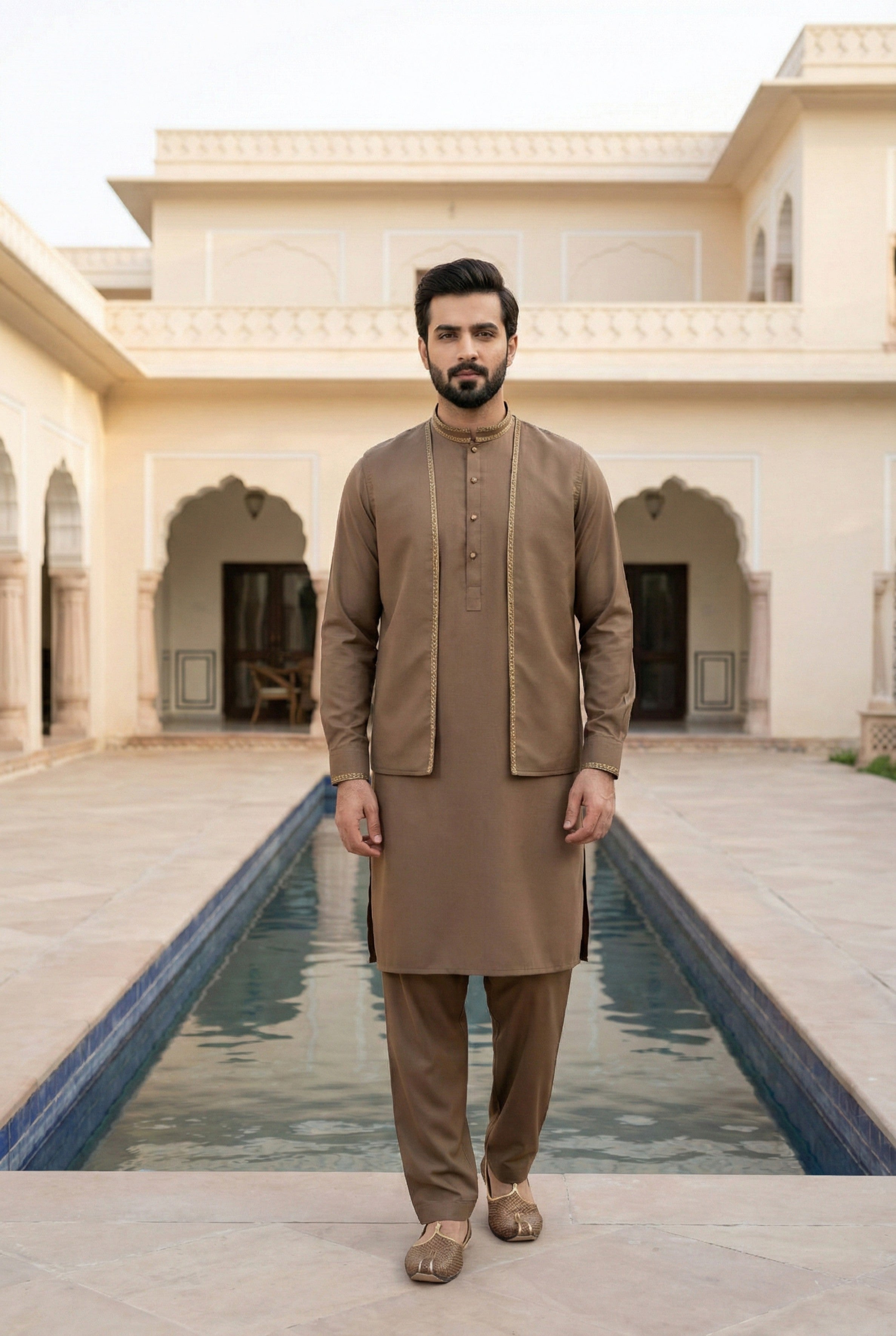 Light Brown Kurta Pyjama with Jacket LL01