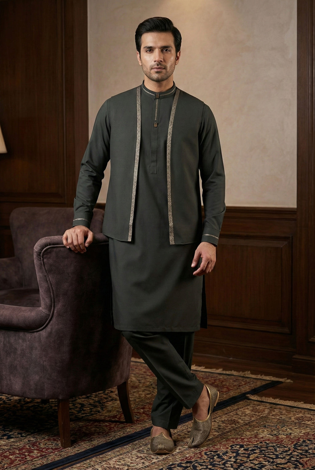 Olive Green Kurta Pyjama with Jacket LL02