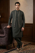 Olive Green Kurta Pyjama with Jacket LL02