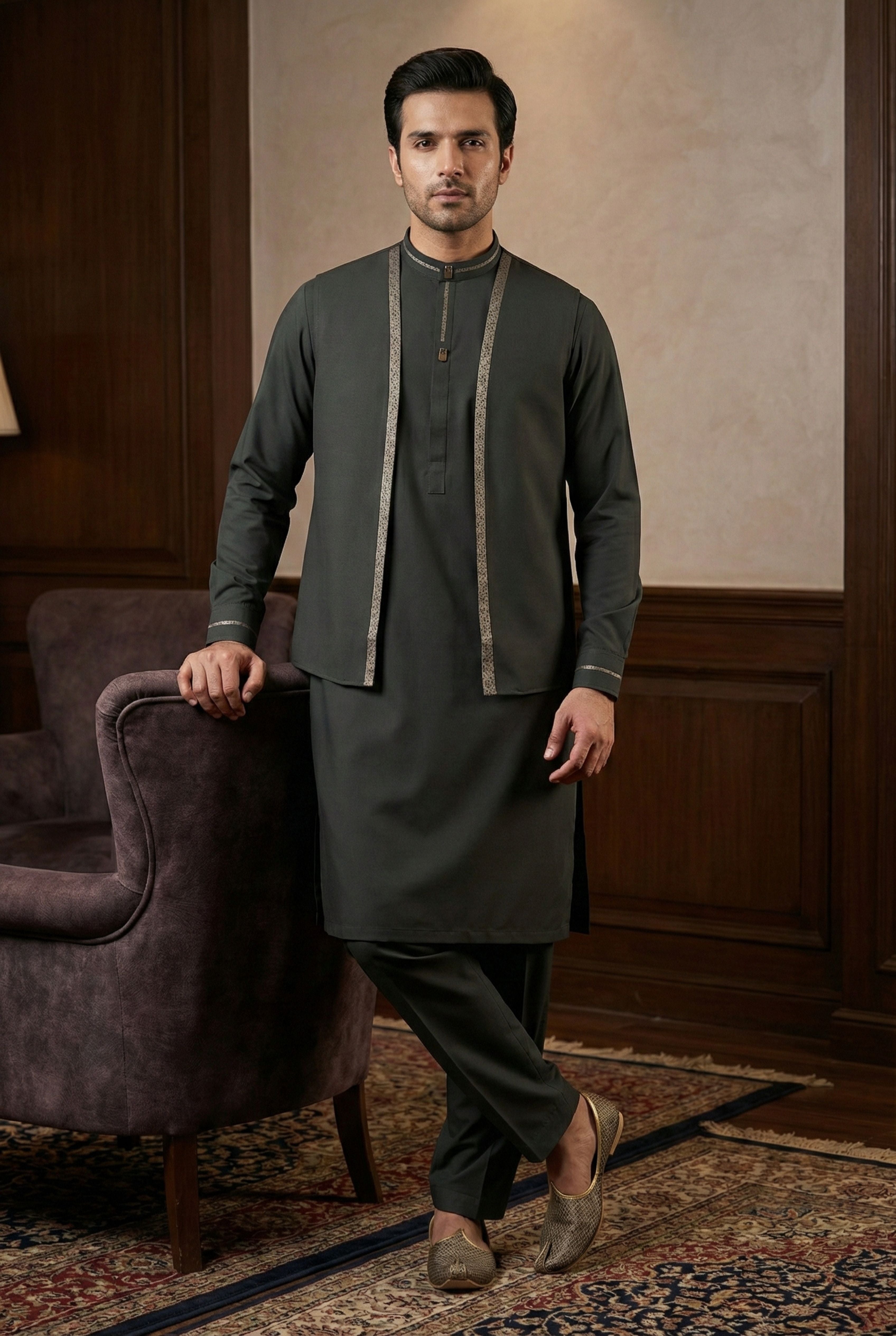 Olive Green Kurta Pyjama with Jacket LL02