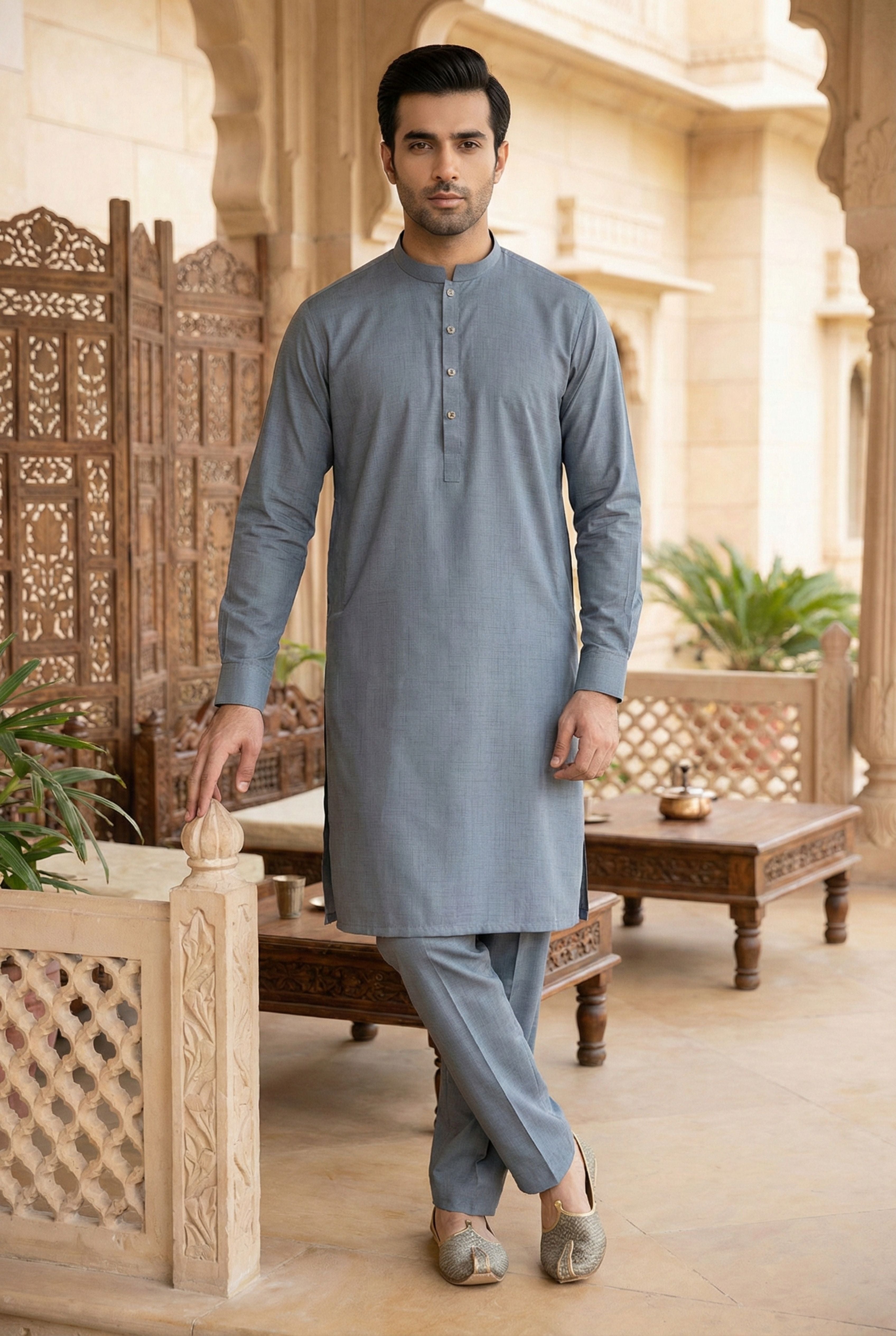 Slate Grey Textured Kurta Pyjama NN11