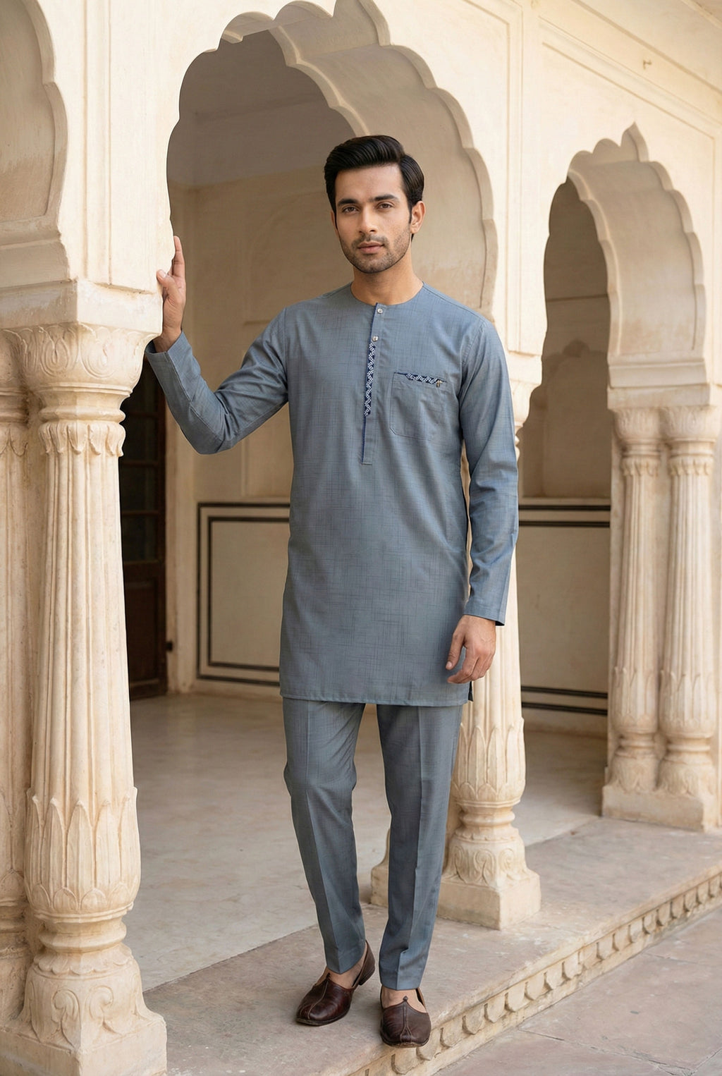 Light Blue Embroidered Short Kurta EC08