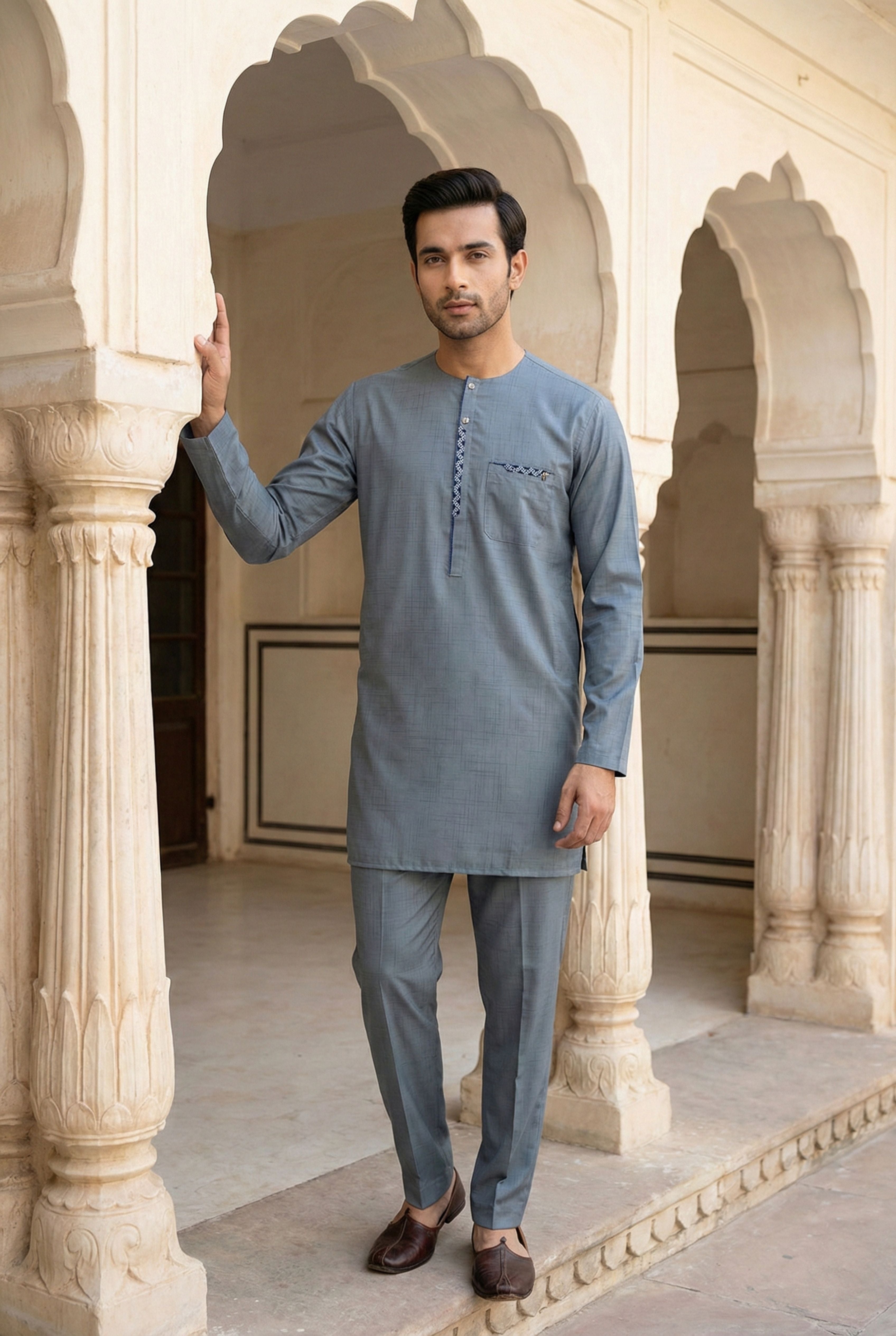 Light Blue Embroidered Short Kurta EC08