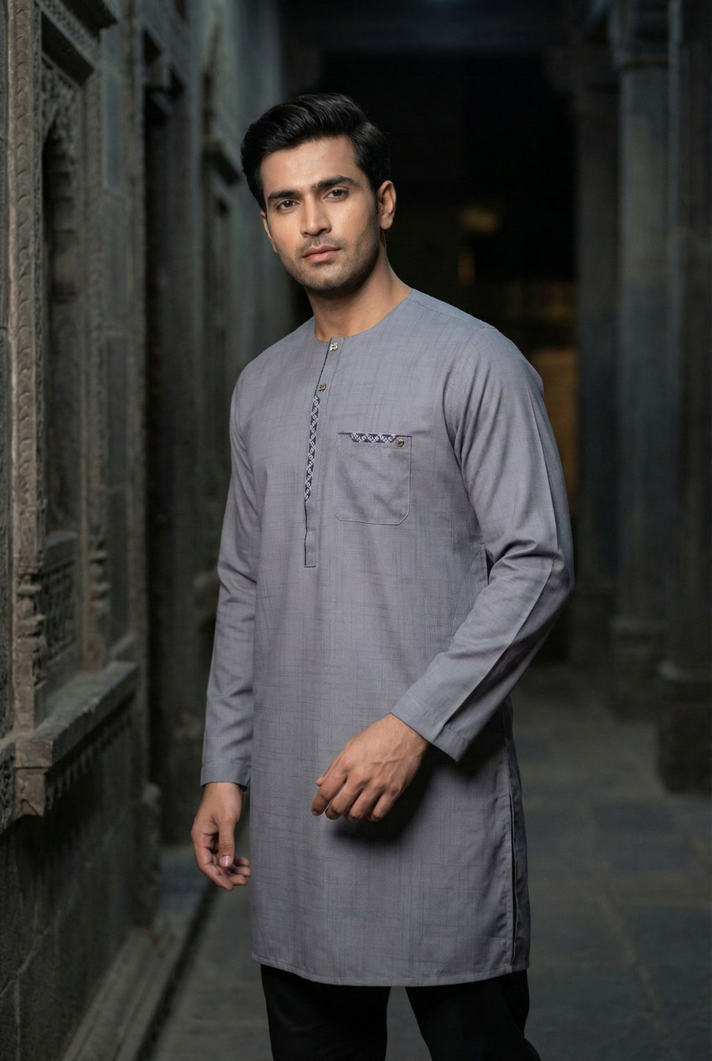 Light Grey Embroidered Short Kurta EC09