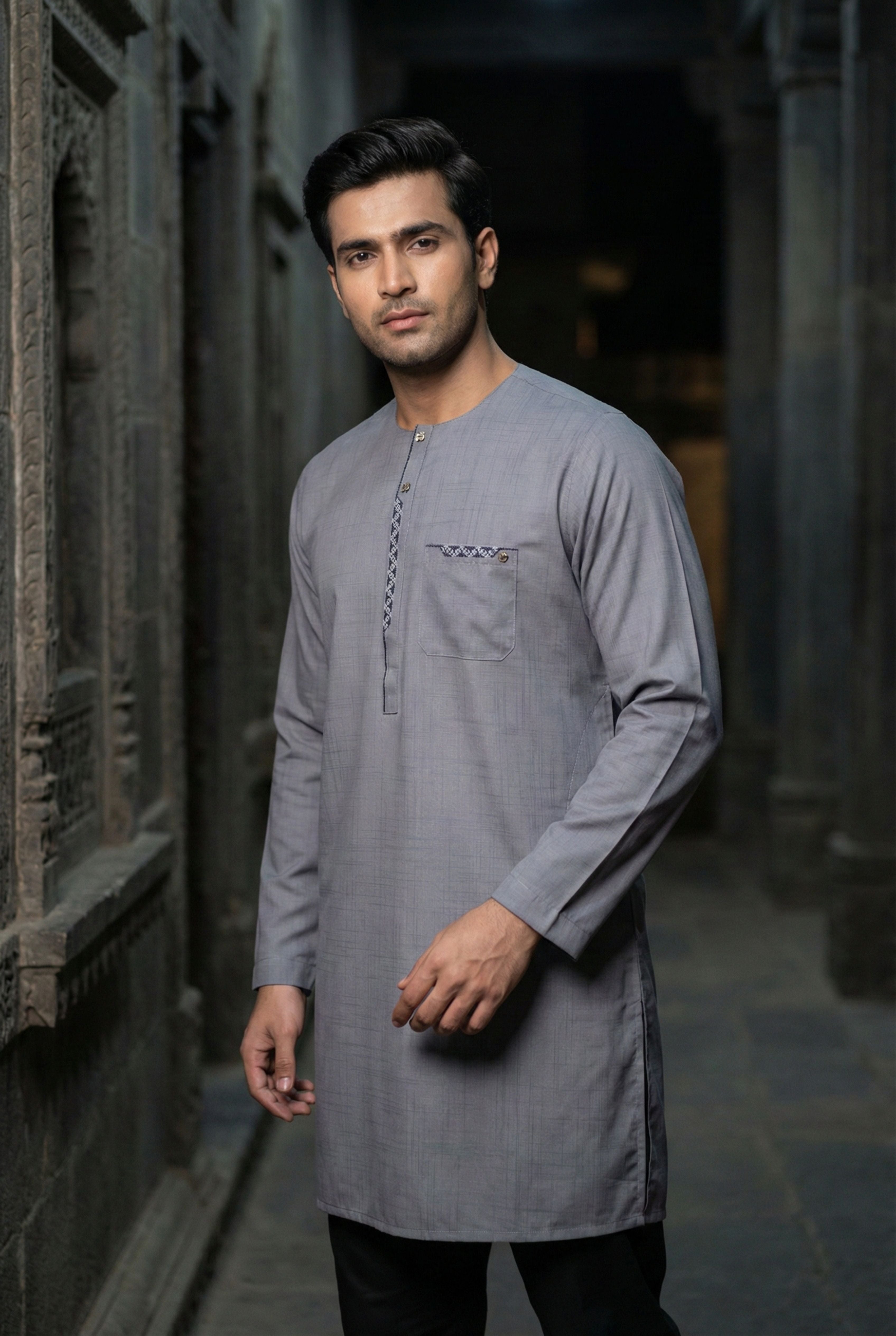 Light Grey Embroidered Short Kurta EC09