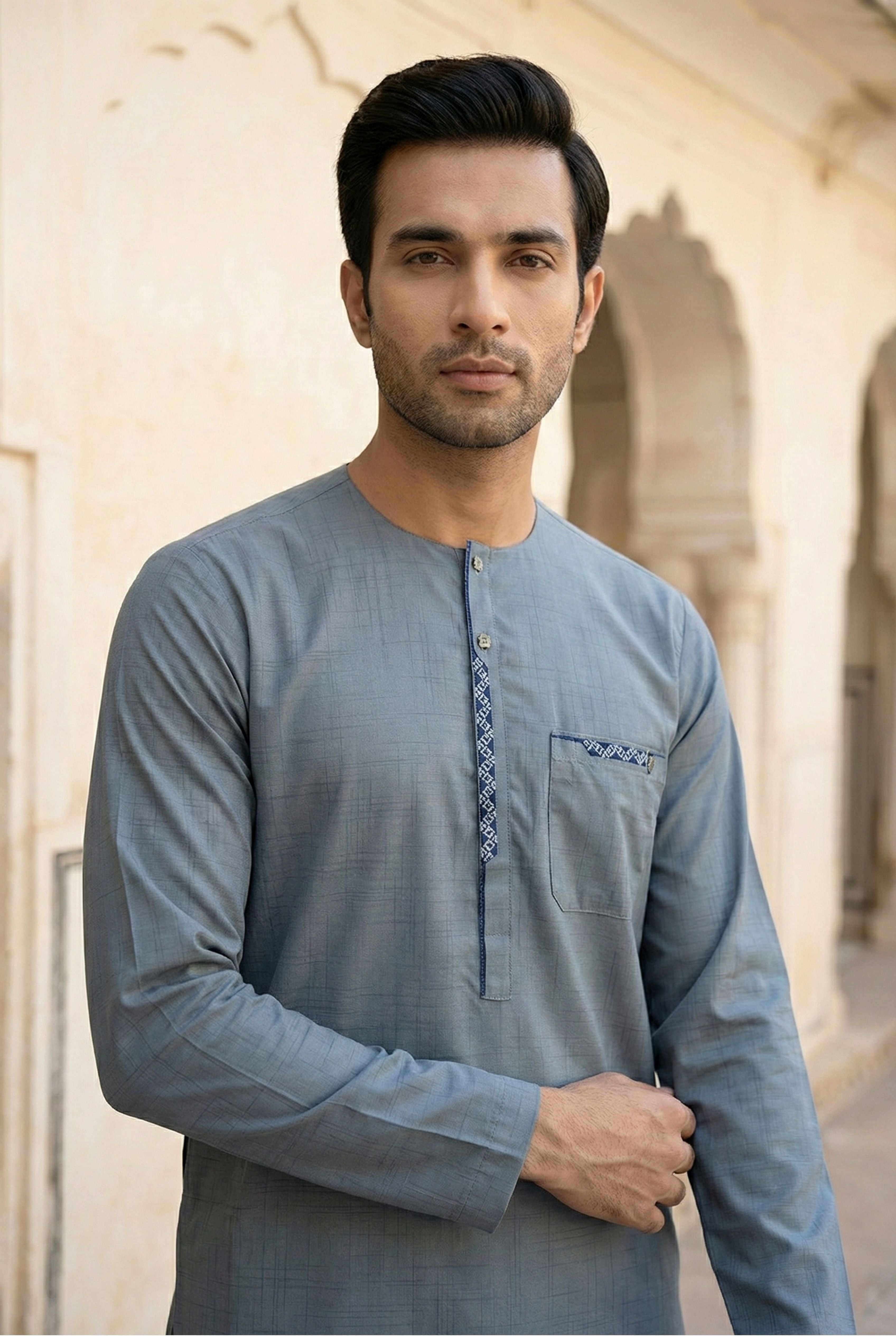Light Blue Embroidered Short Kurta EC08
