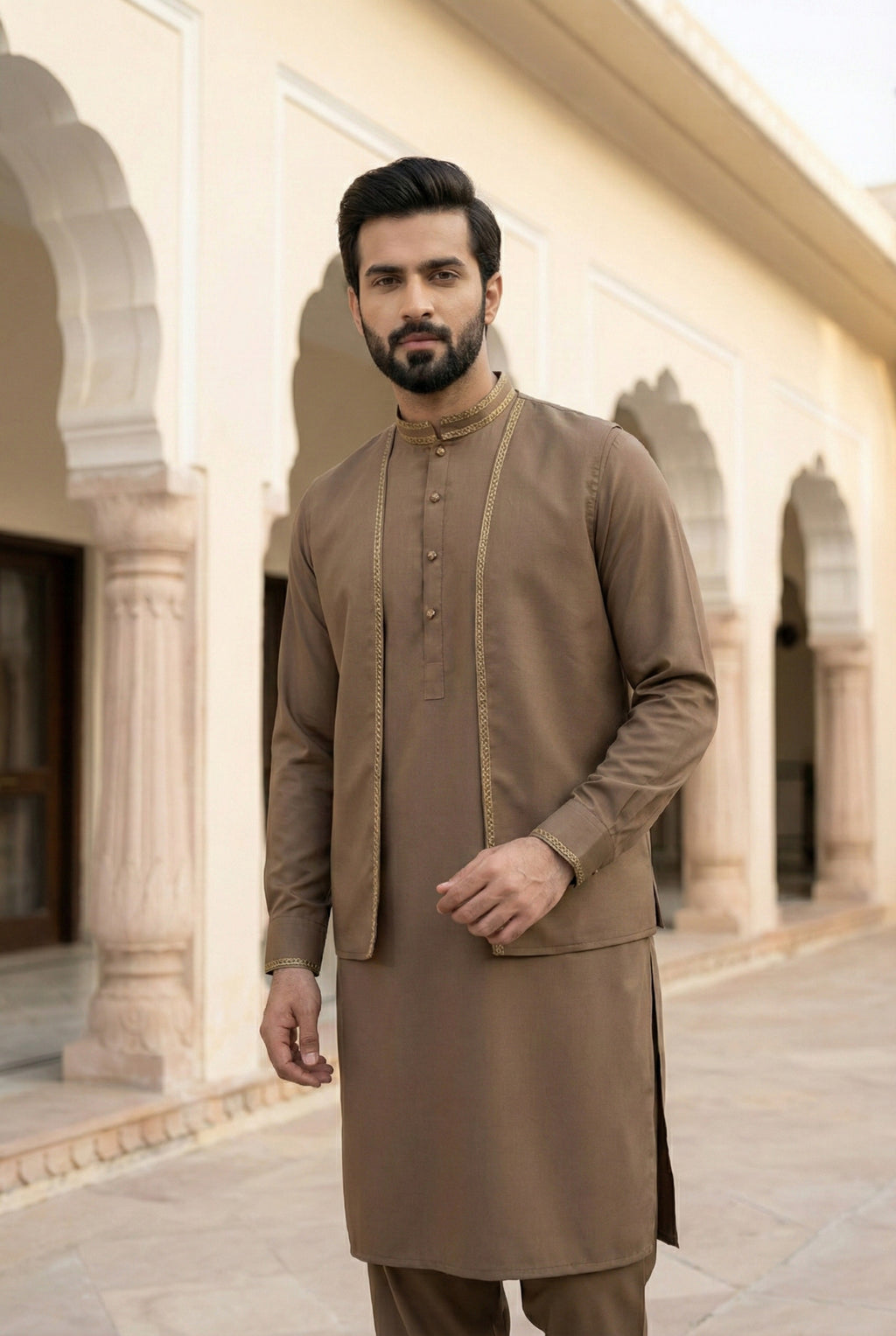 Light Brown Kurta Pyjama with Jacket LL01