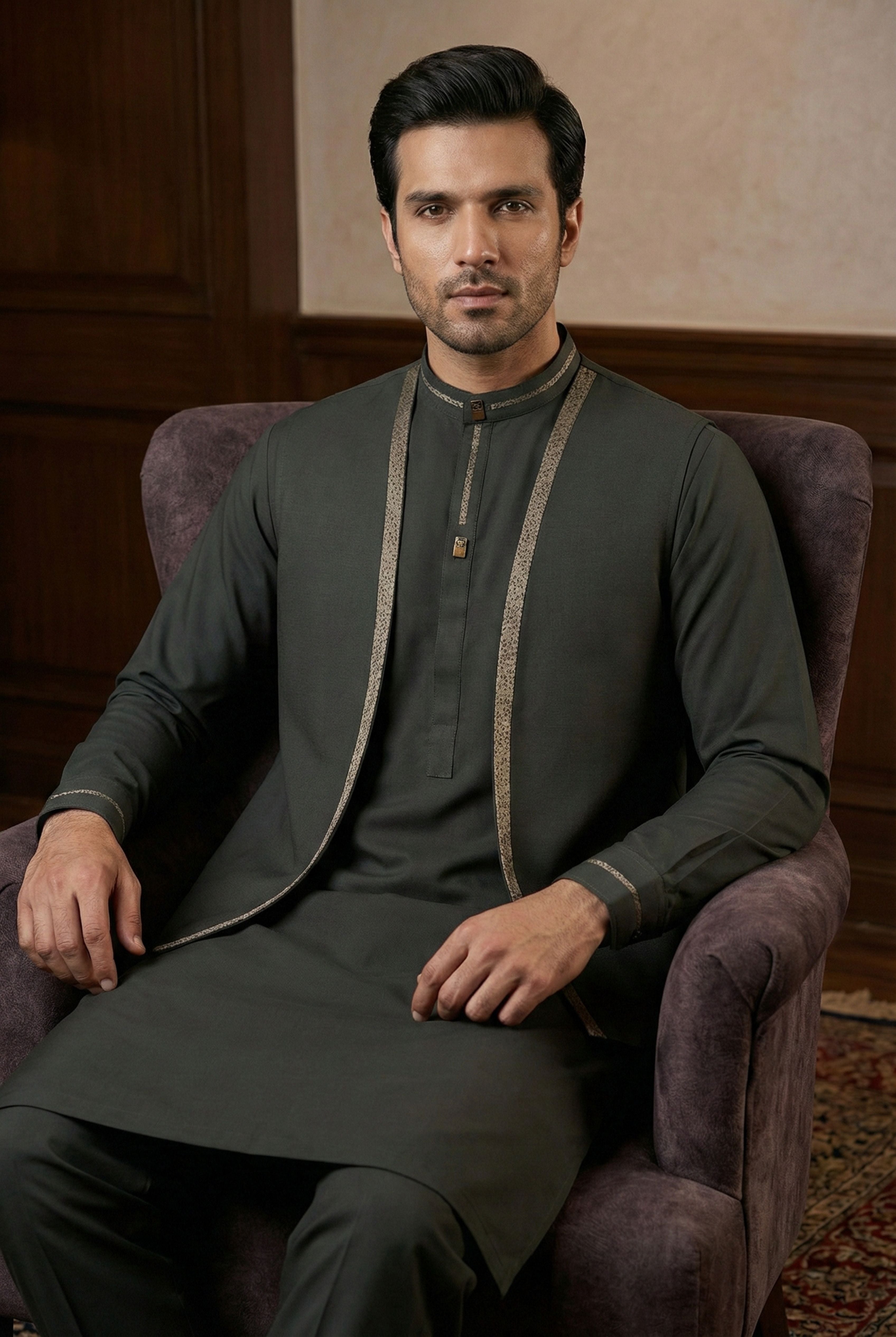 Olive Green Kurta Pyjama with Jacket LL02
